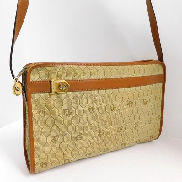 Christian Dior France Vintage Beige Monogram Logo Canvas Leather‎ Shoulder Bag
